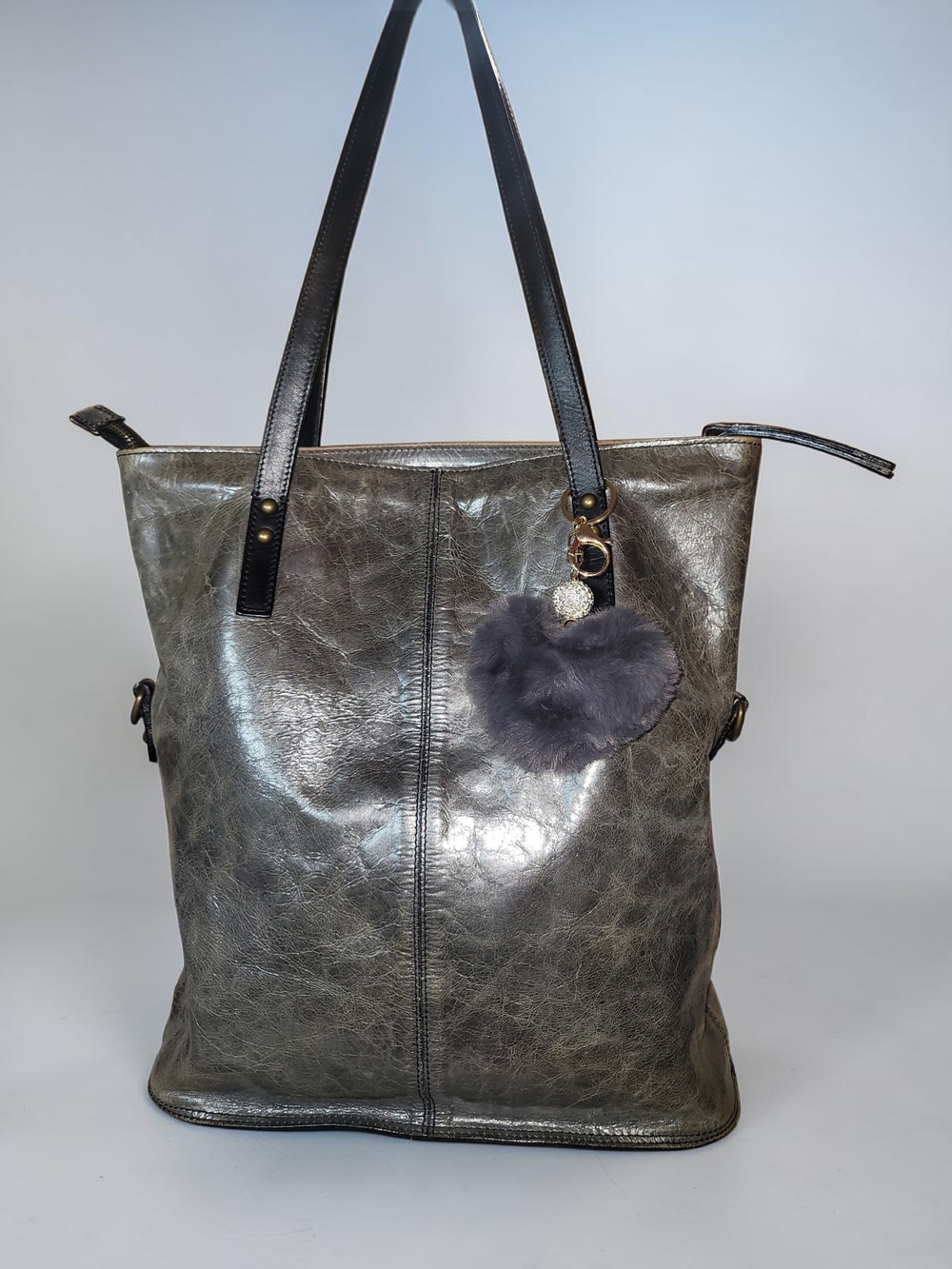 Garnet Hill Leather Metallic Gray Tote with Pom Charm Made In ITALY